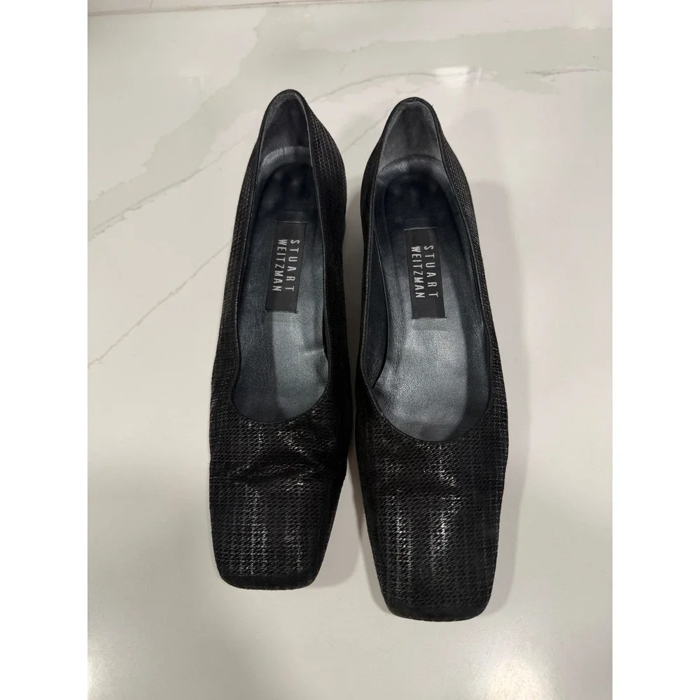 Stuart Weitzman Black Textured Square Toe Block‎ Heel Pumps 8.5B 4W 67060 Spain